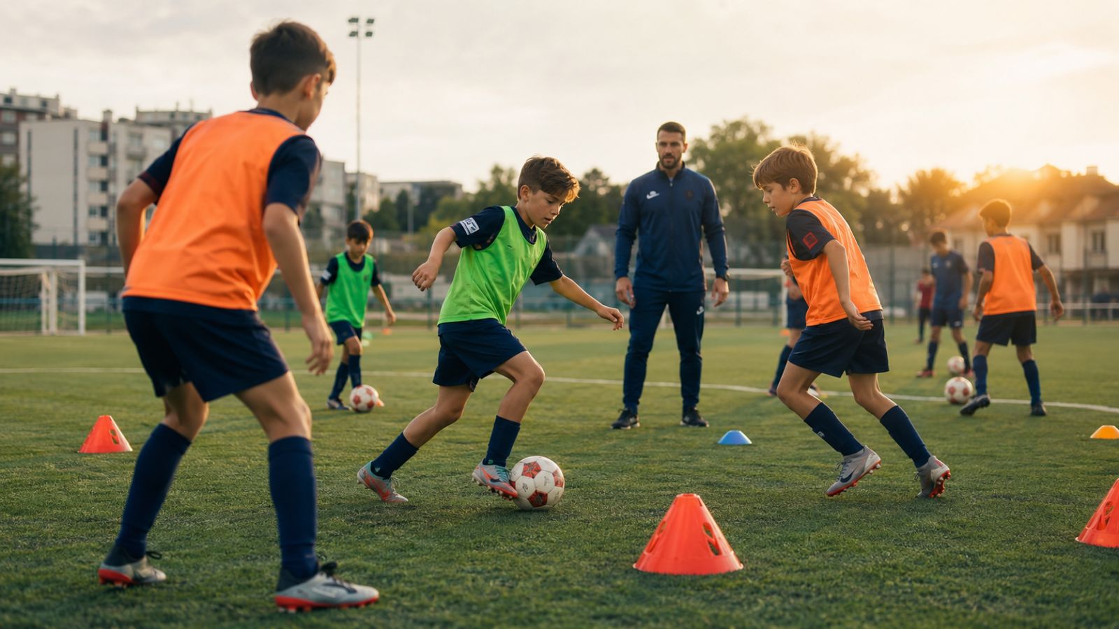 Entraînement de jeunes footballeurs encadrés par leur coach