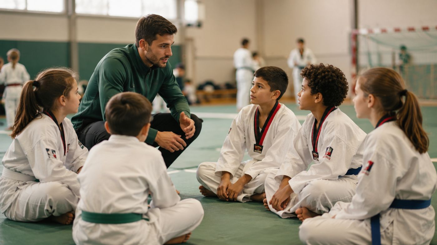 Un entraîneur briefe son groupe de jeunes sportifs